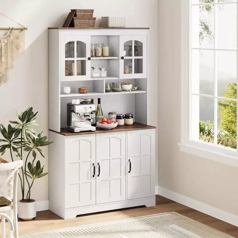 COZONY Armoire de cuisine haute de 180 cm avec portes en verre, meuble de rangement de cuisine avec huche pour salle à manger et salon