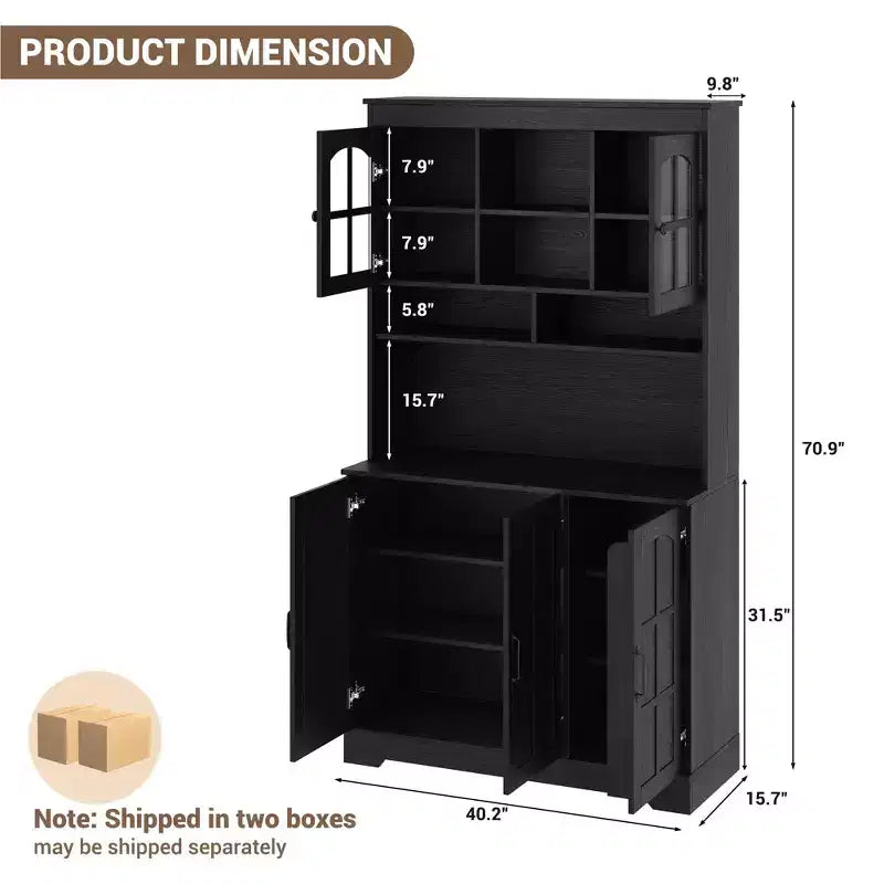 COZONY Armoire de cuisine haute de 180 cm avec portes en verre, meuble de rangement de cuisine avec huche pour salle à manger et salon