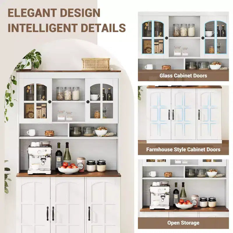 COZONY Armoire de cuisine haute de 180 cm avec portes en verre, meuble de rangement de cuisine avec huche pour salle à manger et salon