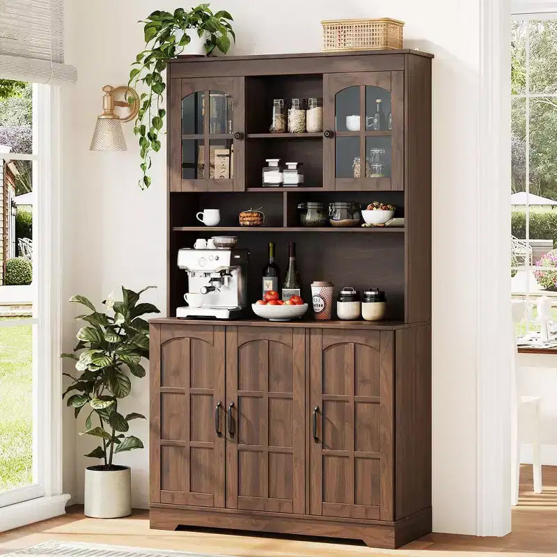 COZONY Armoire de cuisine haute de 180 cm avec portes en verre, meuble de rangement de cuisine avec huche pour salle à manger et salon