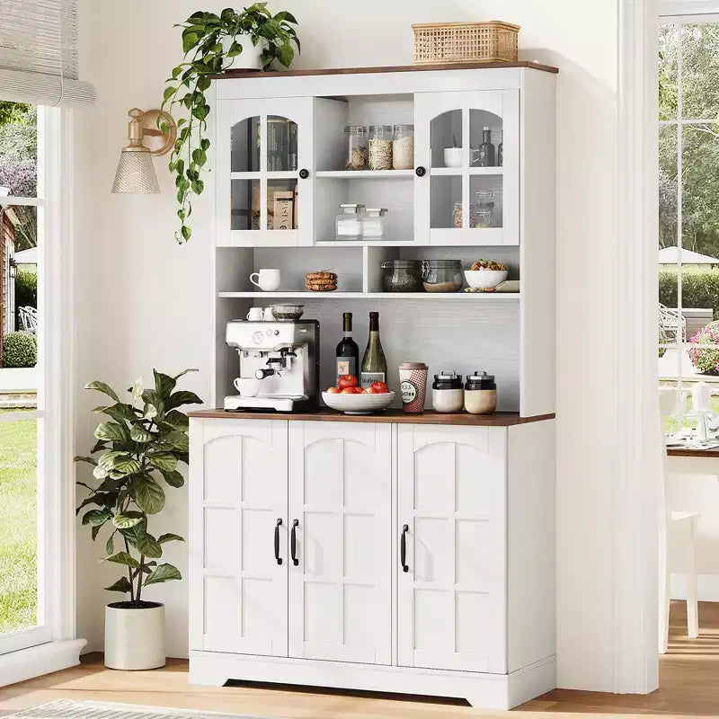 COZONY Armoire de cuisine haute de 180 cm avec portes en verre, meuble de rangement de cuisine avec huche pour salle à manger et salon