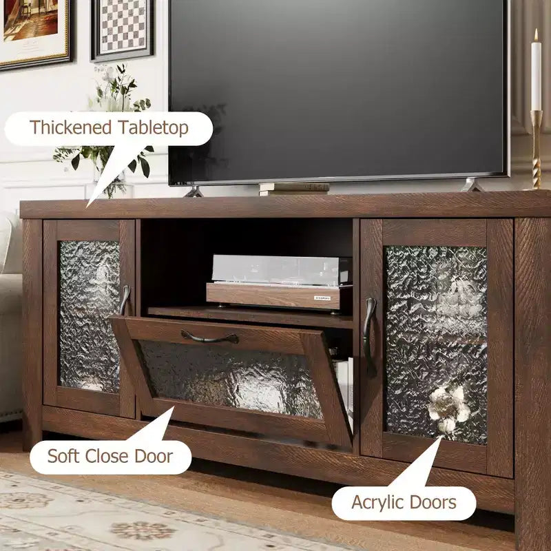Meuble TV de ferme de 140 cm avec portes en acrylique - Capacité de charge de 136 kg et étagères réglables, meuble TV pour salon ou chambre à coucher