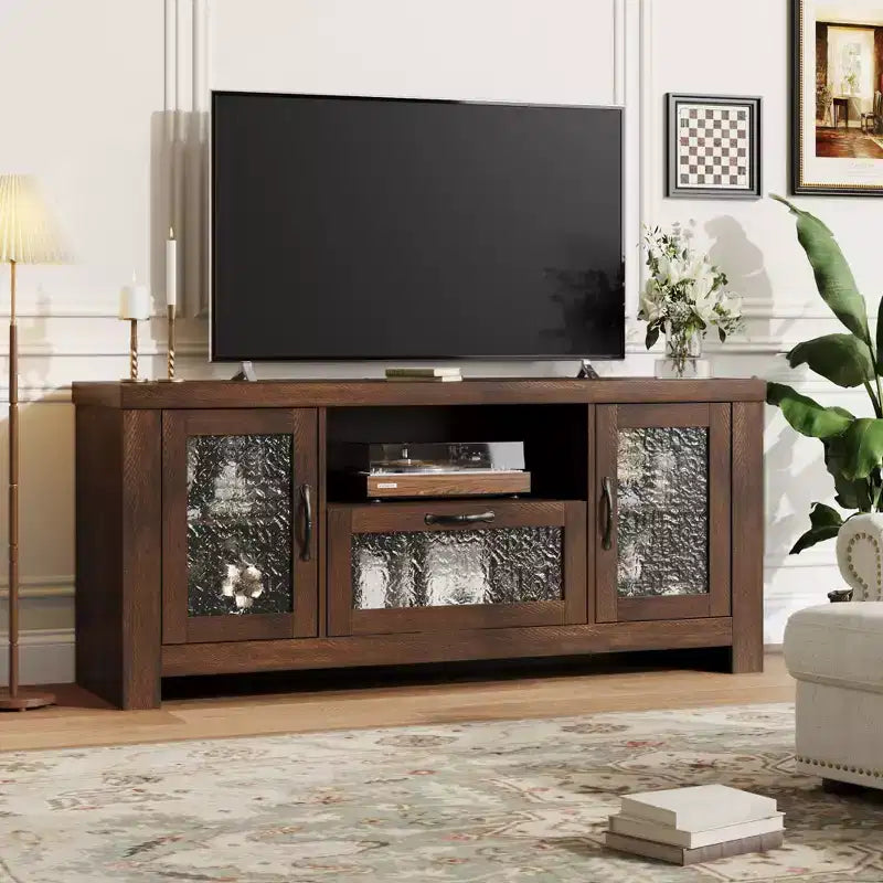 Meuble TV de ferme de 140 cm avec portes en acrylique - Capacité de charge de 136 kg et étagères réglables, meuble TV pour salon ou chambre à coucher