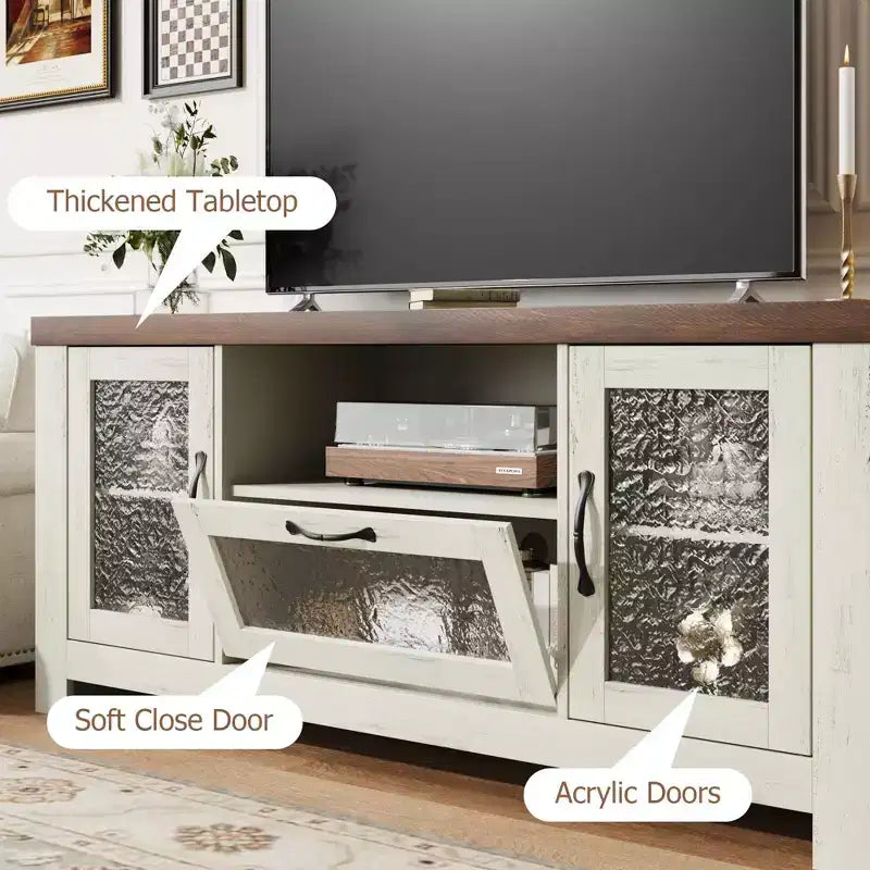 Meuble TV de ferme de 140 cm avec portes en acrylique - Capacité de charge de 136 kg et étagères réglables, meuble TV pour salon ou chambre à coucher
