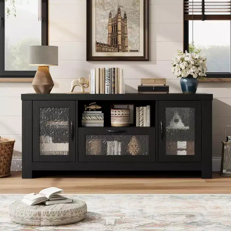 Meuble TV de ferme de 140 cm avec portes en acrylique - Capacité de charge de 136 kg et étagères réglables, meuble TV pour salon ou chambre à coucher