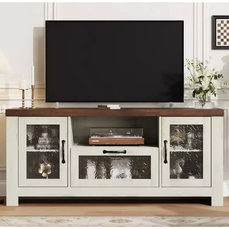 Meuble TV de ferme de 140 cm avec portes en acrylique - Capacité de charge de 136 kg et étagères réglables, meuble TV pour salon ou chambre à coucher