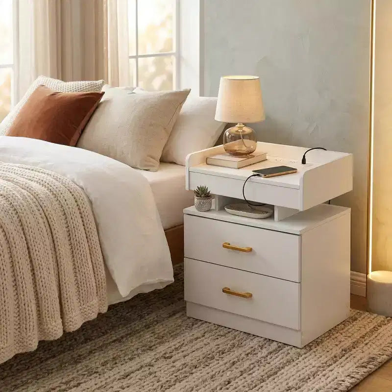 Table de Chevet FurnitureR avec Lumières LED et Chargement USB, Table de Nuit Flottante avec 2 Tiroirs, Table d'Appoint Moderne pour Chambre à Coucher, Salon, Bureau