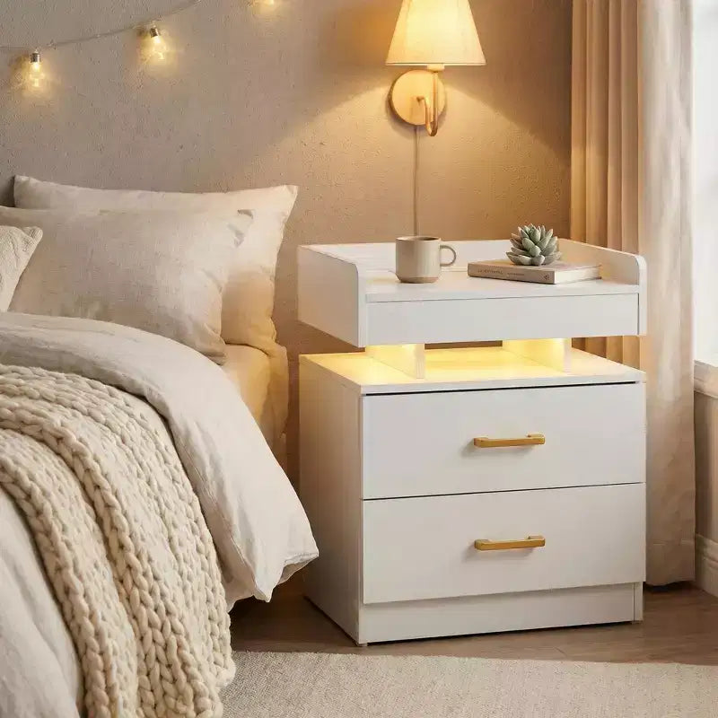 Table de Chevet FurnitureR avec Lumières LED et Chargement USB, Table de Nuit Flottante avec 2 Tiroirs, Table d'Appoint Moderne pour Chambre à Coucher, Salon, Bureau