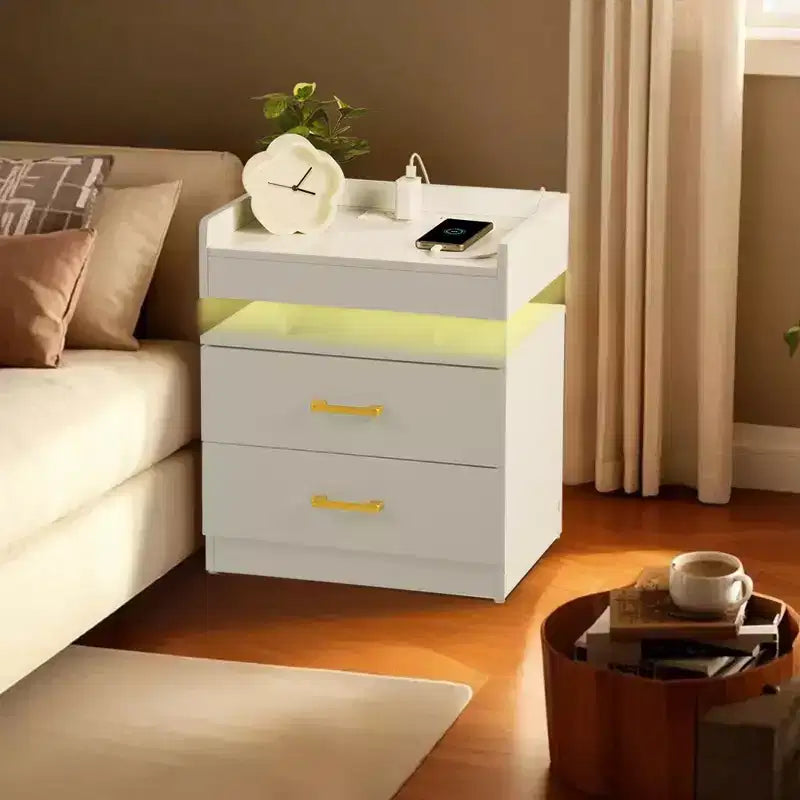 Table de Chevet FurnitureR avec Lumières LED et Chargement USB, Table de Nuit Flottante avec 2 Tiroirs, Table d'Appoint Moderne pour Chambre à Coucher, Salon, Bureau