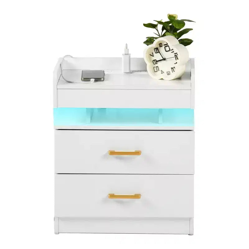 Table de Chevet FurnitureR avec Lumières LED et Chargement USB, Table de Nuit Flottante avec 2 Tiroirs, Table d'Appoint Moderne pour Chambre à Coucher, Salon, Bureau