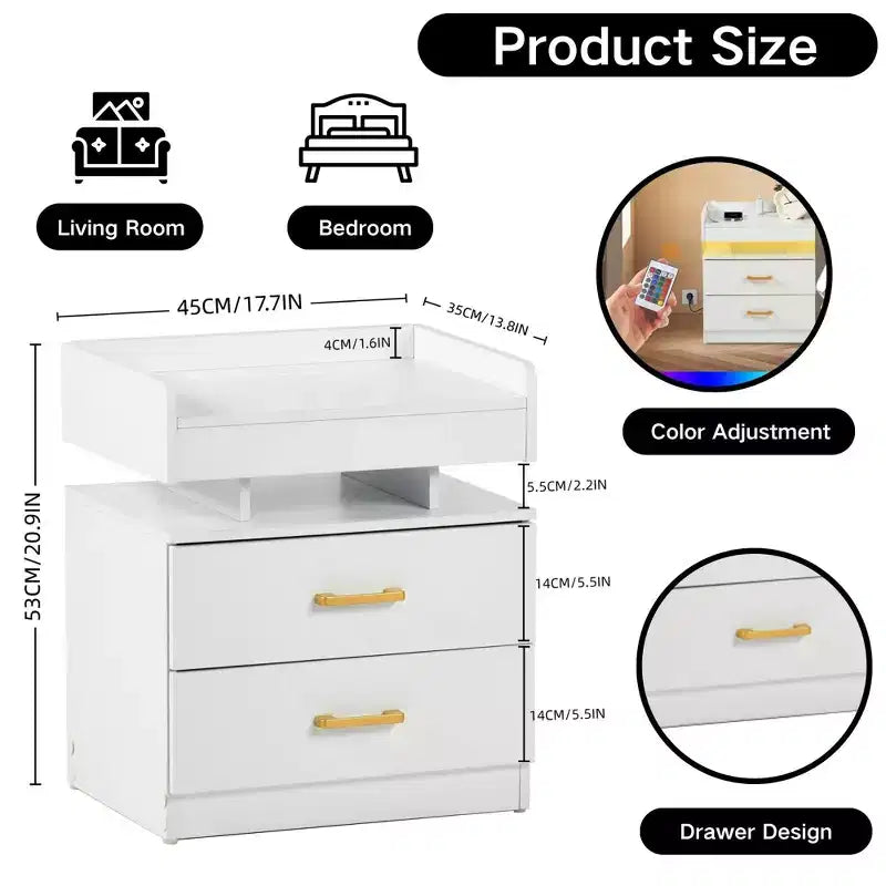 Table de Chevet FurnitureR avec Lumières LED et Chargement USB, Table de Nuit Flottante avec 2 Tiroirs, Table d'Appoint Moderne pour Chambre à Coucher, Salon, Bureau