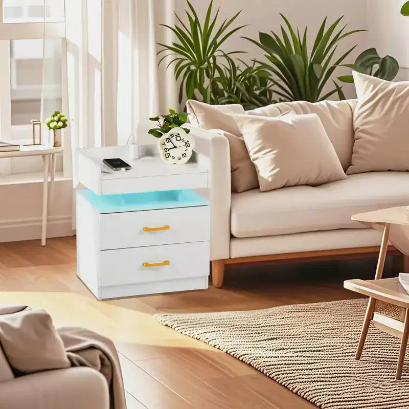 Table de Chevet FurnitureR avec Lumières LED et Chargement USB, Table de Nuit Flottante avec 2 Tiroirs, Table d'Appoint Moderne pour Chambre à Coucher, Salon, Bureau