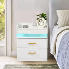 Table de Chevet FurnitureR avec Lumières LED et Chargement USB, Table de Nuit Flottante avec 2 Tiroirs, Table d'Appoint Moderne pour Chambre à Coucher, Salon, Bureau