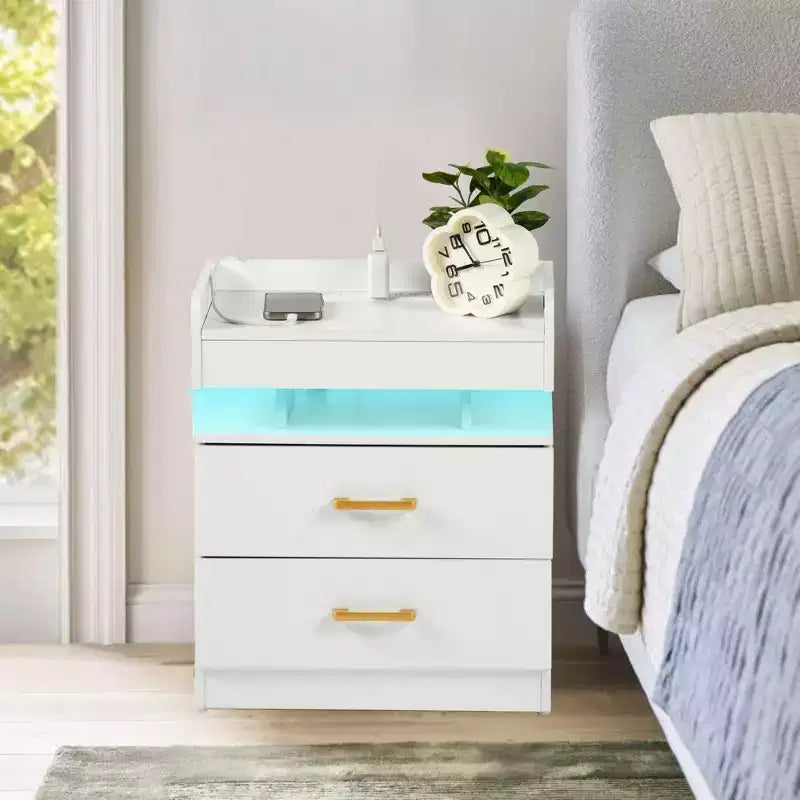 Table de Chevet FurnitureR avec Lumières LED et Chargement USB, Table de Nuit Flottante avec 2 Tiroirs, Table d'Appoint Moderne pour Chambre à Coucher, Salon, Bureau