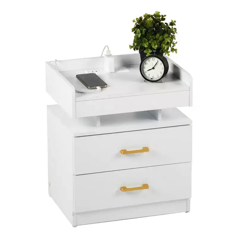 Table de Chevet FurnitureR avec Lumières LED et Chargement USB, Table de Nuit Flottante avec 2 Tiroirs, Table d'Appoint Moderne pour Chambre à Coucher, Salon, Bureau