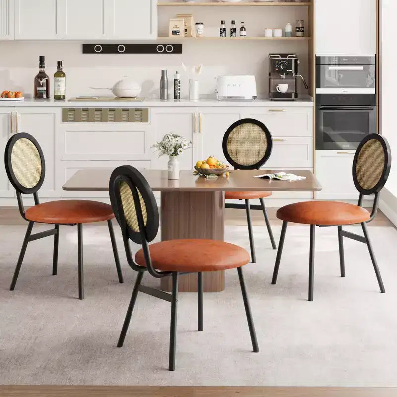 Chaises de salle à manger modernes rembourrées avec dossier en rotin naturel et pieds en métal, lot de 4 peu encombrant pour cuisine, salle à manger