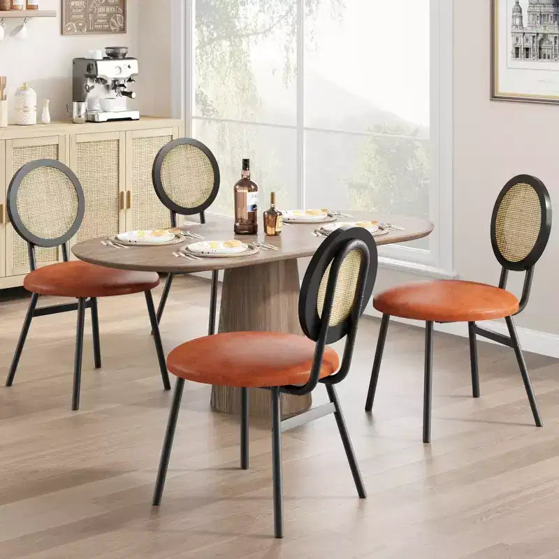 Chaises de salle à manger modernes rembourrées avec dossier en rotin naturel et pieds en métal, lot de 4 peu encombrant pour cuisine, salle à manger