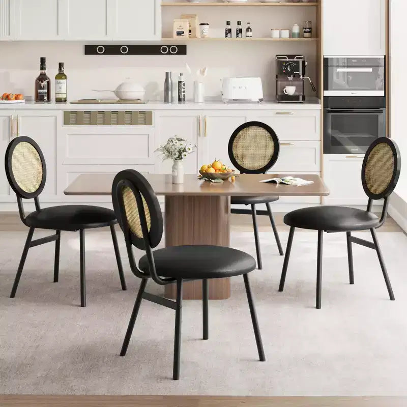 Chaises de salle à manger modernes rembourrées avec dossier en rotin naturel et pieds en métal, lot de 4 peu encombrant pour cuisine, salle à manger
