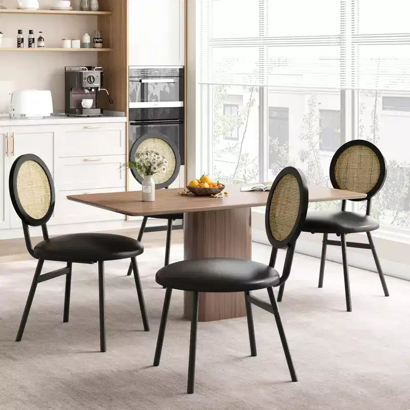 Chaises de salle à manger modernes rembourrées avec dossier en rotin naturel et pieds en métal, lot de 4 peu encombrant pour cuisine, salle à manger