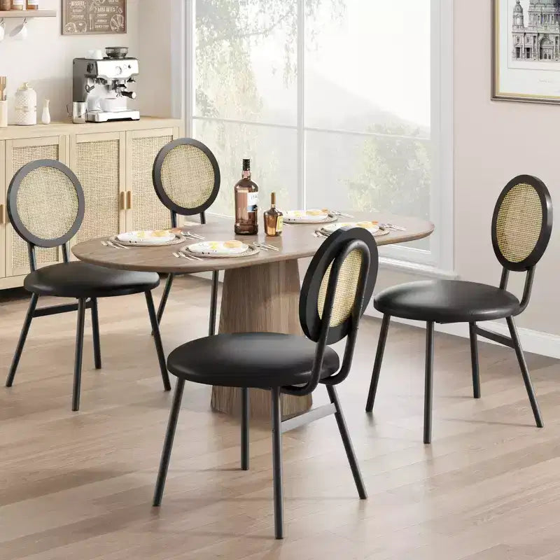 Chaises de salle à manger modernes rembourrées avec dossier en rotin naturel et pieds en métal, lot de 4 peu encombrant pour cuisine, salle à manger