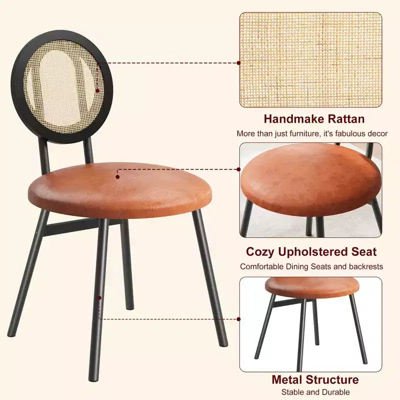 Chaises de salle à manger modernes rembourrées avec dossier en rotin naturel et pieds en métal, lot de 4 peu encombrant pour cuisine, salle à manger