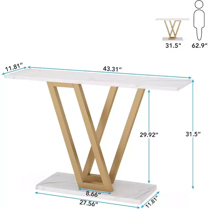 Console Lantine 43 pouces dorée, table d'appoint ou de canapé moderne pour couloir et salon, marbre synthétique blanc, montage facile