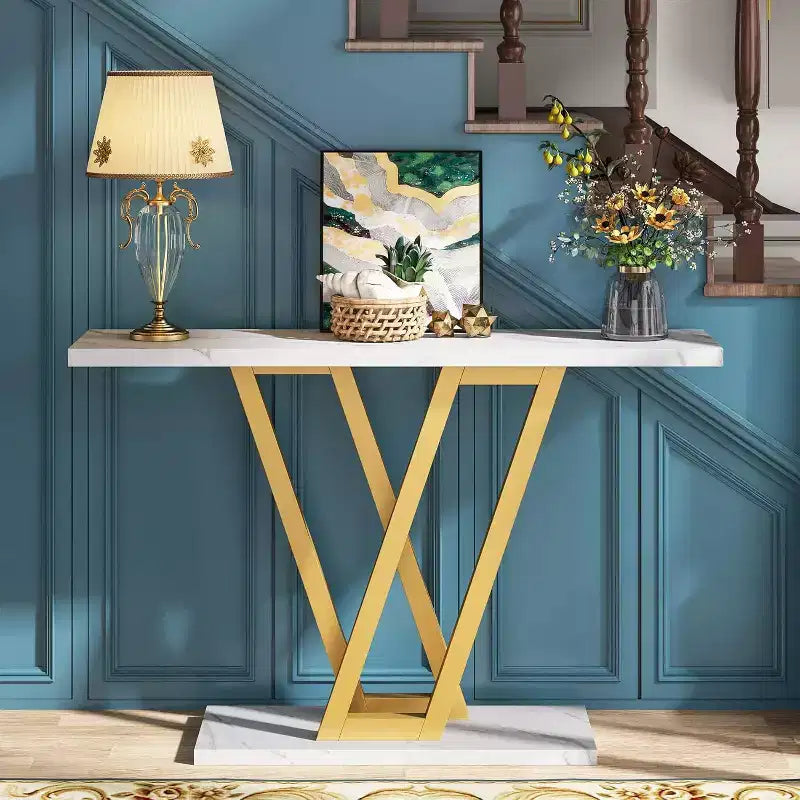 Console Lantine 43 pouces dorée, table d'appoint ou de canapé moderne pour couloir et salon, marbre synthétique blanc, montage facile