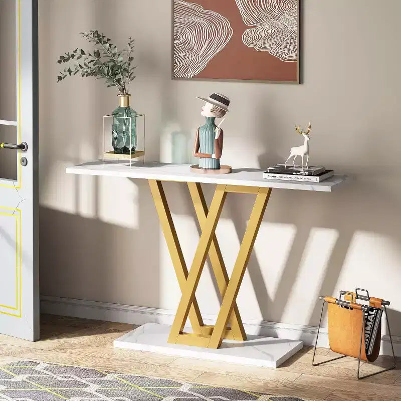 Console Lantine 43 pouces dorée, table d'appoint ou de canapé moderne pour couloir et salon, marbre synthétique blanc, montage facile