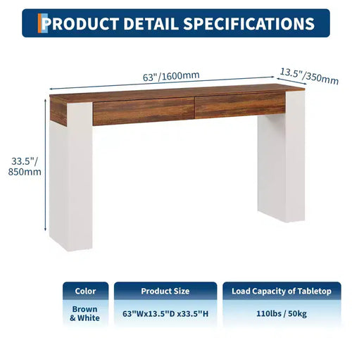 Table console d'entrée de 63 pouces, Table de canapé étroite en bois avec 2 tiroirs, Table d'appoint derrière le canapé, Table d'entrée pour le salon, le couloir