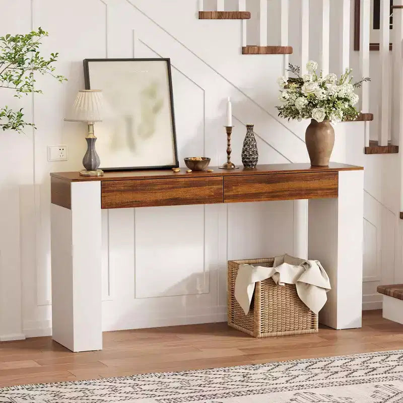 Table console d'entrée de 63 pouces, Table de canapé étroite en bois avec 2 tiroirs, Table d'appoint derrière le canapé, Table d'entrée pour le salon, le couloir