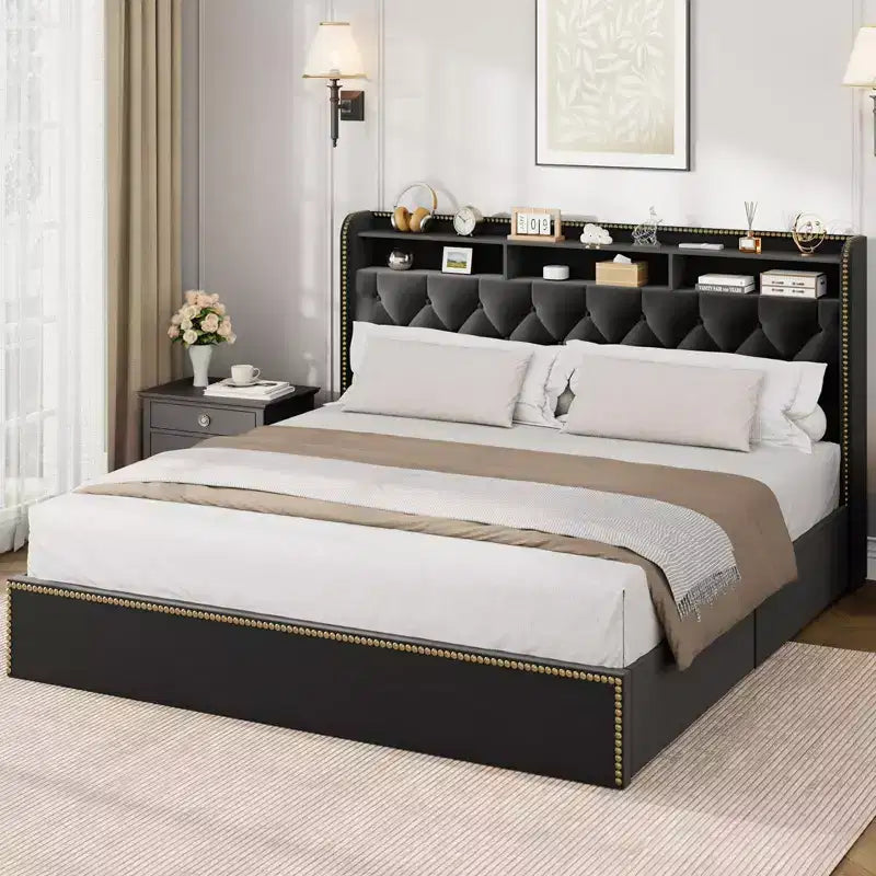 Coolmee Bed Frame with 4 Drawers, Upholstered King Platform with Headboard, Black, No Box Spring Needed, Wooden Slats Bed Frame