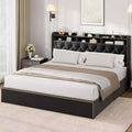 Coolmee Bed Frame with 4 Drawers, Upholstered King Platform with Headboard, Black, No Box Spring Needed, Wooden Slats Bed Frame