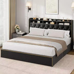 Coolmee Bed Frame with 4 Drawers, Upholstered King Platform with Headboard, Black, No Box Spring Needed, Wooden Slats Bed Frame