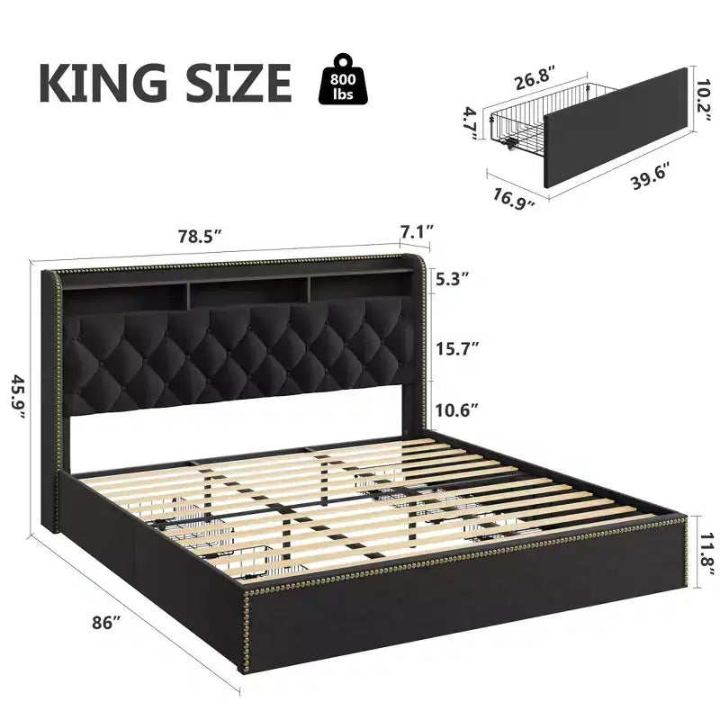 Lit Coolmee avec 4 tiroirs, plateforme King tapissée avec tête de lit, noir, sommier tapissier non requis, sommier à lattes en bois