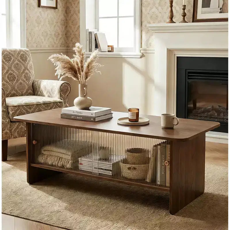 Table basse rectangulaire moderne GDFStudio Faustine avec porte coulissante en verre