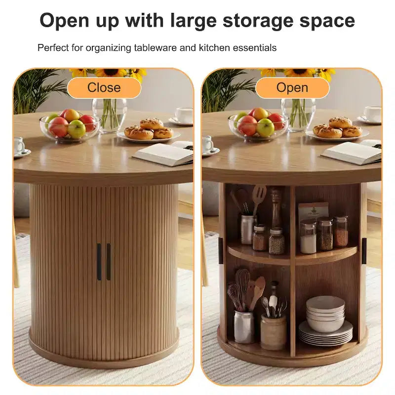 Table à manger ronde Dyonery pour 4 personnes, table de cuisine moderne de 90 cm avec rangement caché et design en bois cannelé, table à manger texture bois pour petits espaces