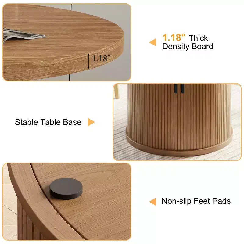 Table à manger ronde Dyonery pour 4 personnes, table de cuisine moderne de 90 cm avec rangement caché et design en bois cannelé, table à manger texture bois pour petits espaces
