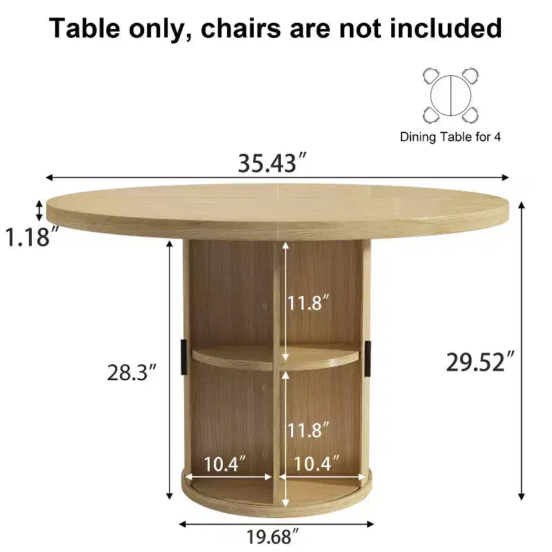 Table à manger ronde Dyonery pour 4 personnes, table de cuisine moderne de 90 cm avec rangement caché et design en bois cannelé, table à manger texture bois pour petits espaces