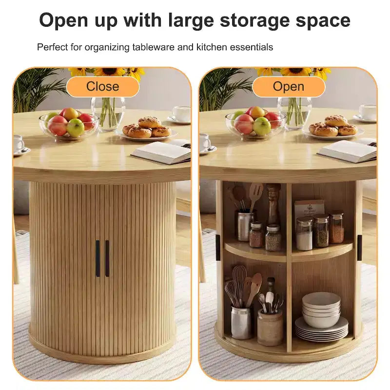 Table à manger ronde Dyonery pour 4 personnes, table de cuisine moderne de 90 cm avec rangement caché et design en bois cannelé, table à manger texture bois pour petits espaces