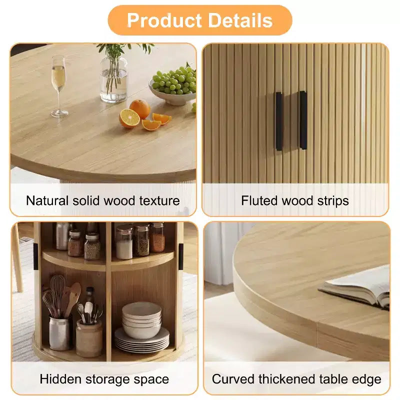 Table à manger ronde Dyonery pour 4 personnes, table de cuisine moderne de 90 cm avec rangement caché et design en bois cannelé, table à manger texture bois pour petits espaces