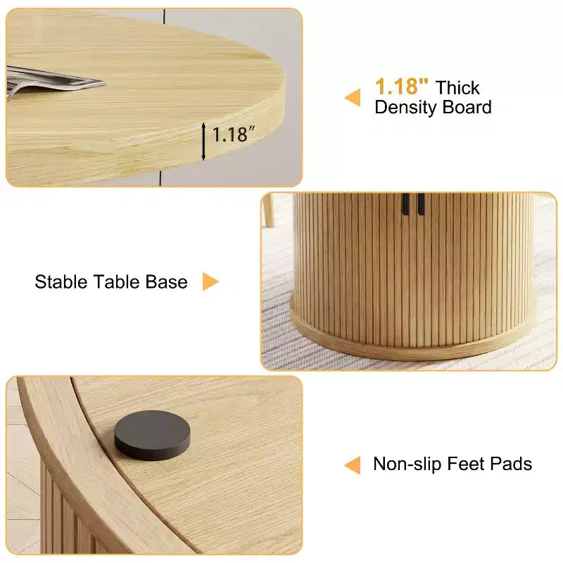 Table à manger ronde Dyonery pour 4 personnes, table de cuisine moderne de 90 cm avec rangement caché et design en bois cannelé, table à manger texture bois pour petits espaces