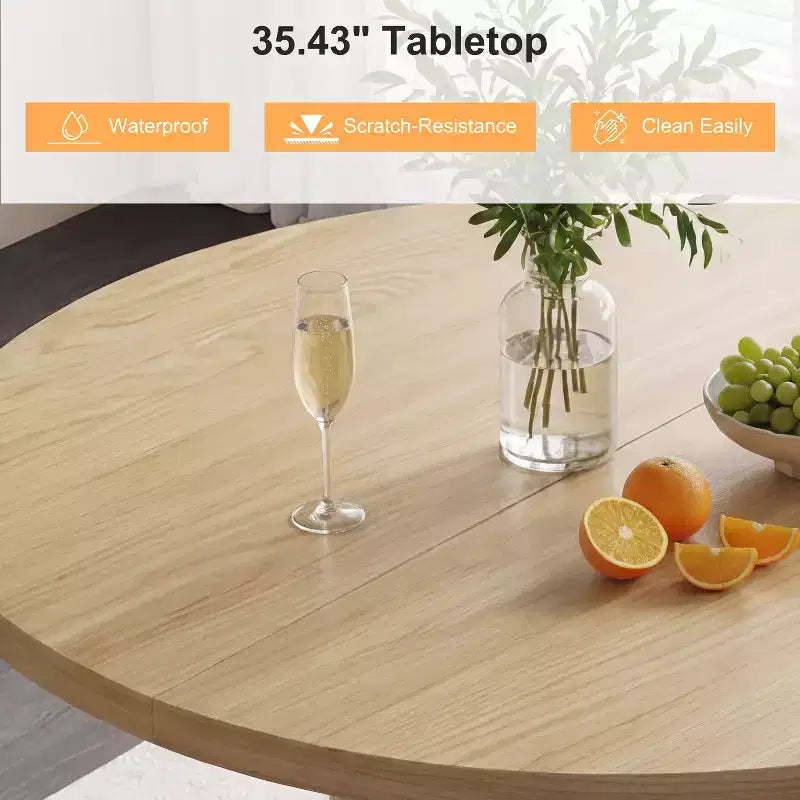 Table à manger ronde Dyonery pour 4 personnes, table de cuisine moderne de 90 cm avec rangement caché et design en bois cannelé, table à manger texture bois pour petits espaces
