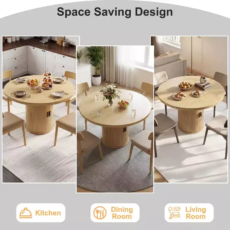 Table à manger ronde Dyonery pour 4 personnes, table de cuisine moderne de 90 cm avec rangement caché et design en bois cannelé, table à manger texture bois pour petits espaces