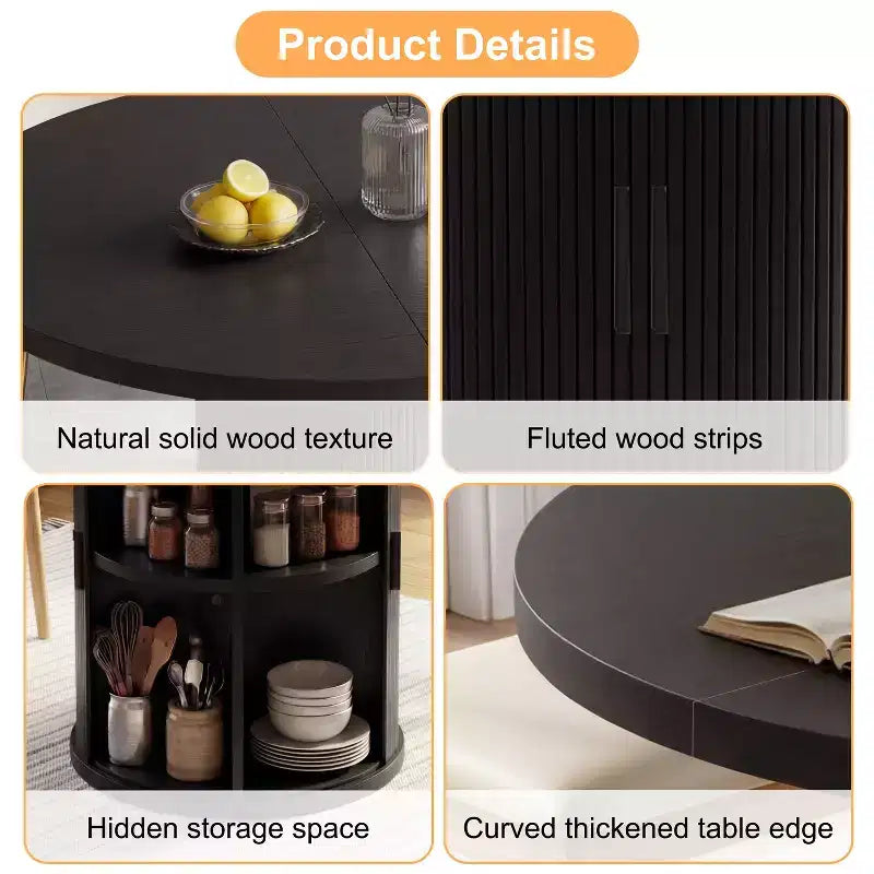 Table à manger ronde Dyonery pour 4 personnes, table de cuisine moderne de 90 cm avec rangement caché et design en bois cannelé, table à manger texture bois pour petits espaces