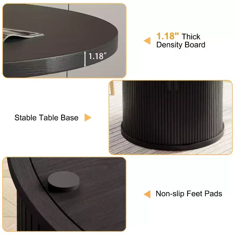Table à manger ronde Dyonery pour 4 personnes, table de cuisine moderne de 90 cm avec rangement caché et design en bois cannelé, table à manger texture bois pour petits espaces