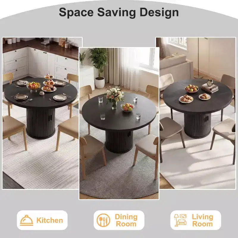 Table à manger ronde Dyonery pour 4 personnes, table de cuisine moderne de 90 cm avec rangement caché et design en bois cannelé, table à manger texture bois pour petits espaces