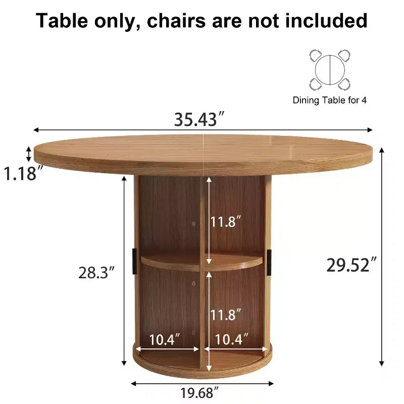 Table à manger ronde Dyonery pour 4 personnes, table de cuisine moderne de 90 cm avec rangement caché et design en bois cannelé, table à manger texture bois pour petits espaces