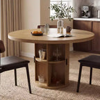 Table à manger ronde Dyonery pour 4 personnes, table de cuisine moderne de 90 cm avec rangement caché et design en bois cannelé, table à manger texture bois pour petits espaces