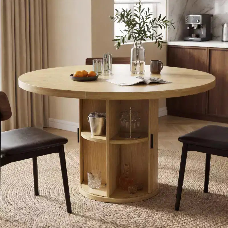 Table à manger ronde Dyonery pour 4 personnes, table de cuisine moderne de 90 cm avec rangement caché et design en bois cannelé, table à manger texture bois pour petits espaces