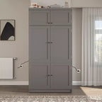 GDFStudio Hallie Grand garde-manger de cuisine style Shaker avec 2 prises de courant, étagères réglables et étagères de porte